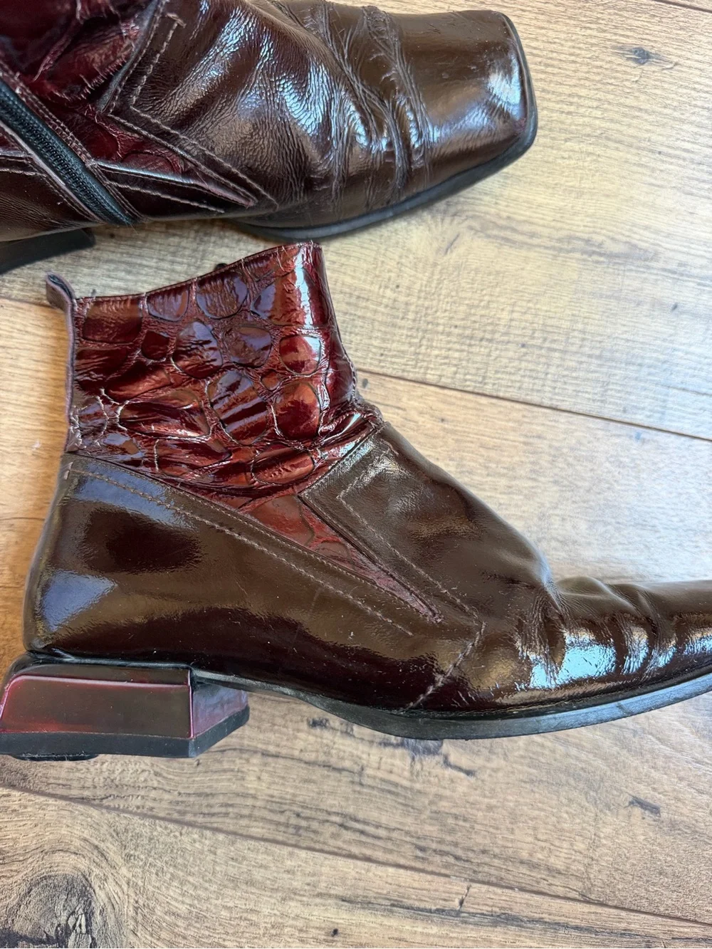 Vintage 90s Italian Patent Leather Shearling Boots Geometric Heel Vibram fits 7